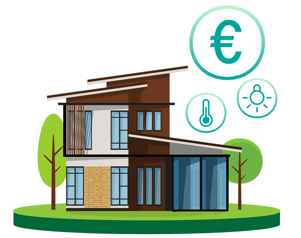 Grafik: Haus mit einem Sommergarten zur verdeutlichung von Energiesparmodelen.