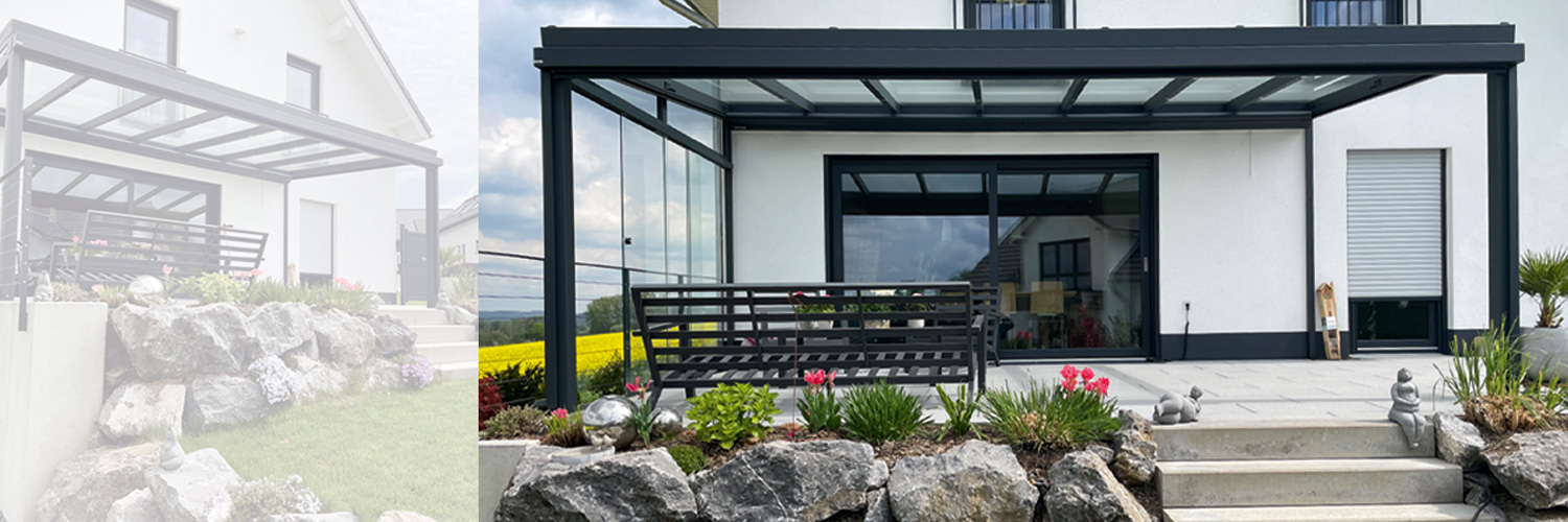 Terrasse von weinor in grün beleuchtet Nachts bei sternklarem Himmel.